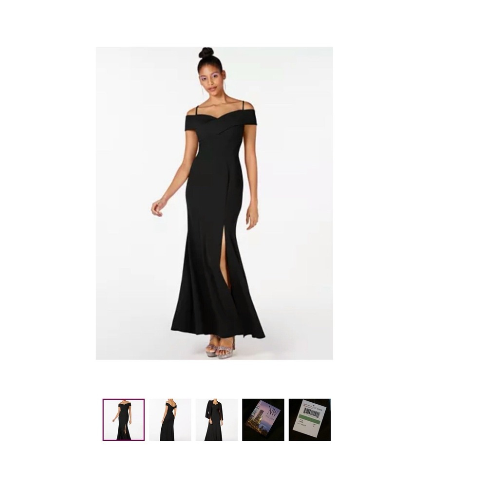 Nightway Black Off The Shoulder Spaghetti Strap Maxi Gown Dress 21825 Size 8 NWT